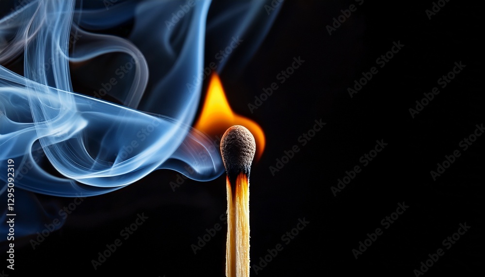 Macro shot of a single burning matchstick, with wisps of smoke swirling in high detail, capturing the intense heat and delicate movement. Macro shot of a single burning matchstick, with wisps of smoke swirling in high detail, capturing the intense heat and delicate movement.