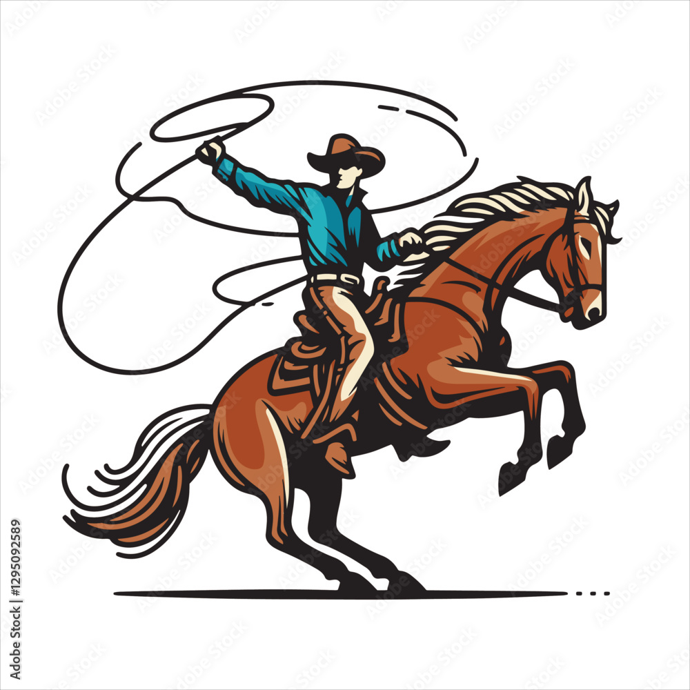 Obraz premium A cowboy on a rearing horse, swinging a lasso