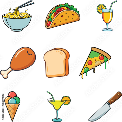 Colorful Food and Drink Icons Set