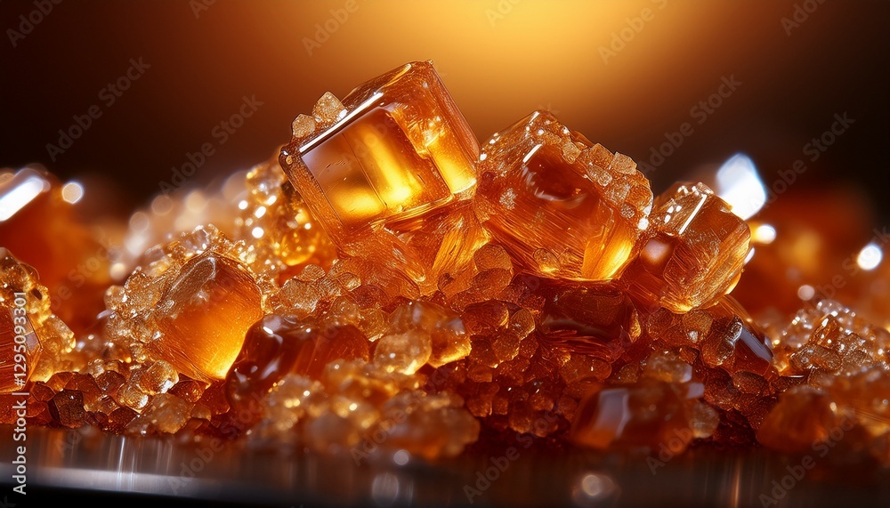 Macro shot of melting sugar crystals under warm light, forming golden caramel patterns, showcasing the rich texture and smooth transformation. Macro shot of melting sugar crystals under warm light, forming golden caramel patterns, showcasing the rich texture and smooth transformation.