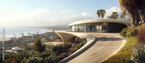 Modern coastal house with ocean view and curved driveway.
