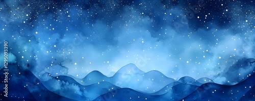Nighttime watercolor landscape depicts mountains beneath a starlit sky