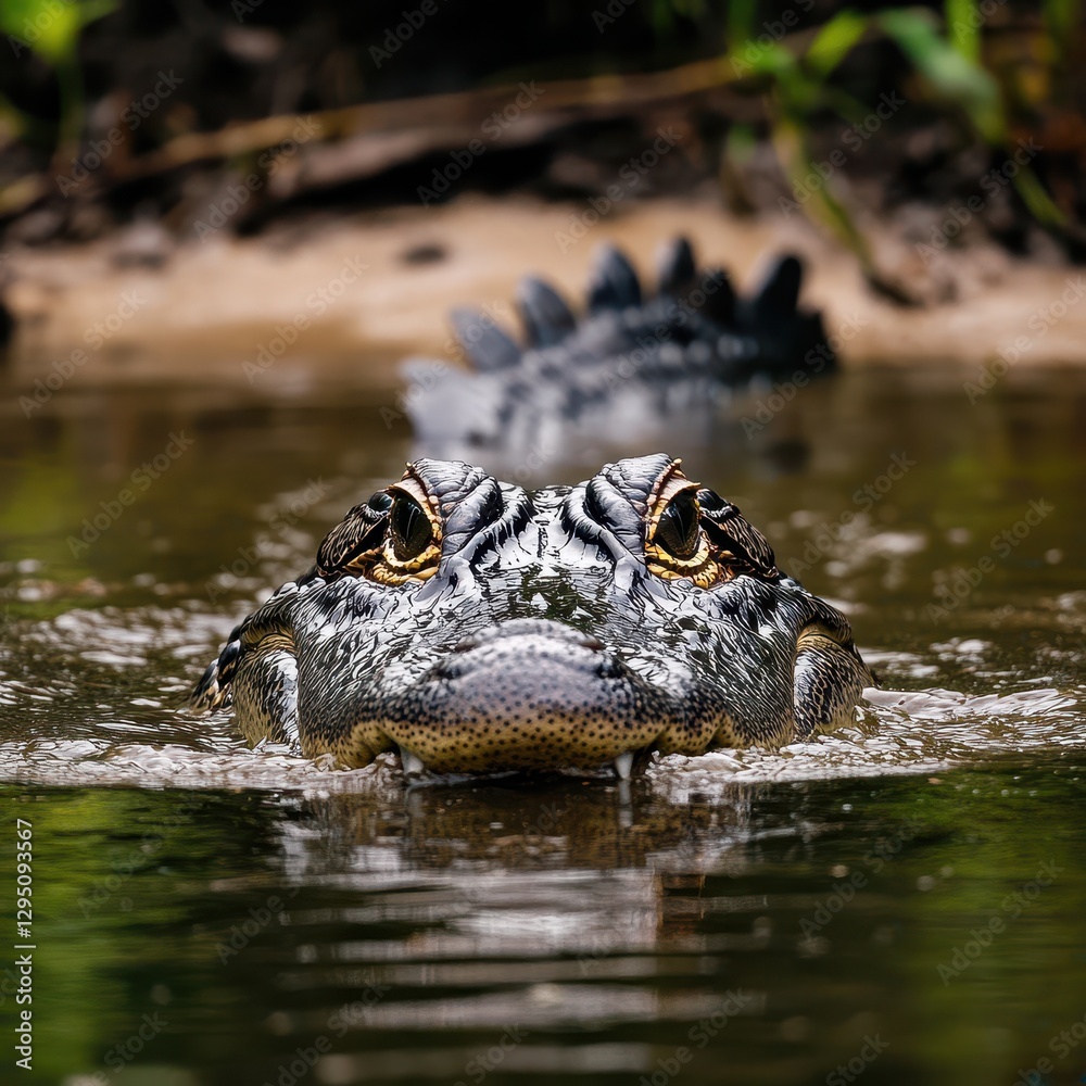 Close-Up of a Crocodile Emerging from the Water Surrounded by Lush Greenery in a Tropical River Setting Close-Up of a Crocodile Emerging from the Water Surrounded by Lush Greenery in a Tropical River Setting
