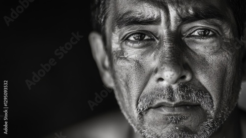 Close-up portrait of a contemplative man with expressive features in a dimly lit environment