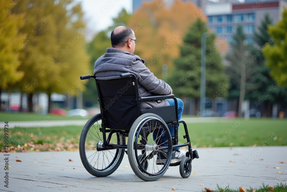 A Middle-Aged Man in a Wheelchair Enjoying a Serene Autumn Day in a Park Surrounded by Colorful Trees and Urban Background A Middle-Aged Man in a Wheelchair Enjoying a Serene Autumn Day in a Park Surrounded by Colorful Trees and Urban Background