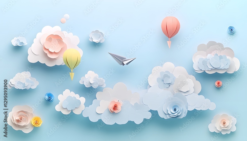 Obraz premium Paper airplanes and hot air balloons float through clouds