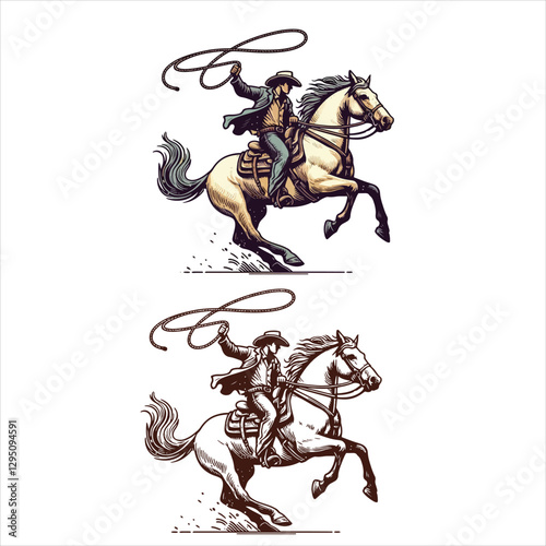 A cowboy on a rearing horse, swinging a lasso
