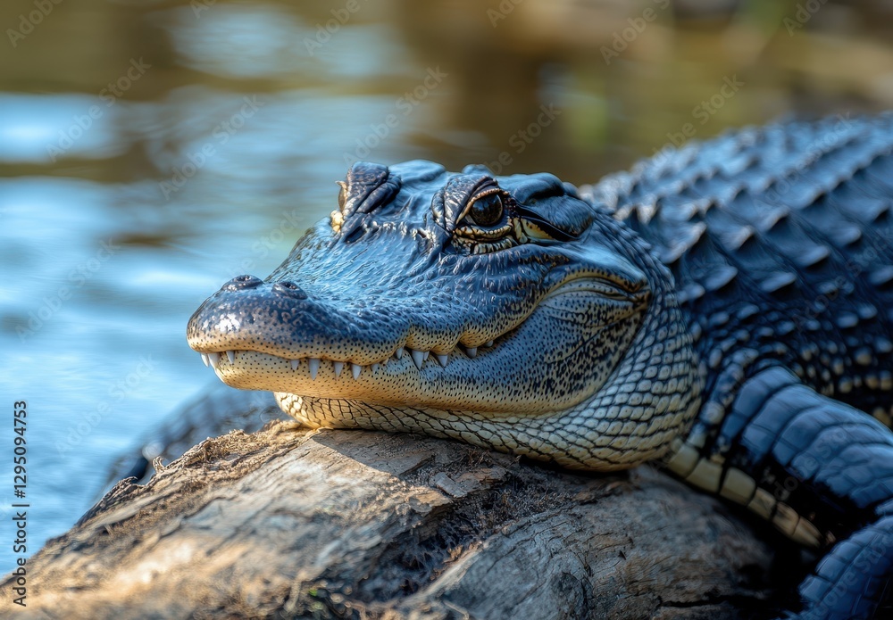 Fototapeta premium Close-Up of a Crocodile Resting on a Log by the Water’s Edge, Capturing the Natural Habitat and Unique Features of This Reptile in a Serene Setting