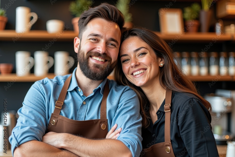 Fototapeta premium Happy Couple of Baristas in a Cozy Café, Smiling Together with an Inviting Atmosphere, Serving Delicious Coffee and Creating a Warm Community Vibe