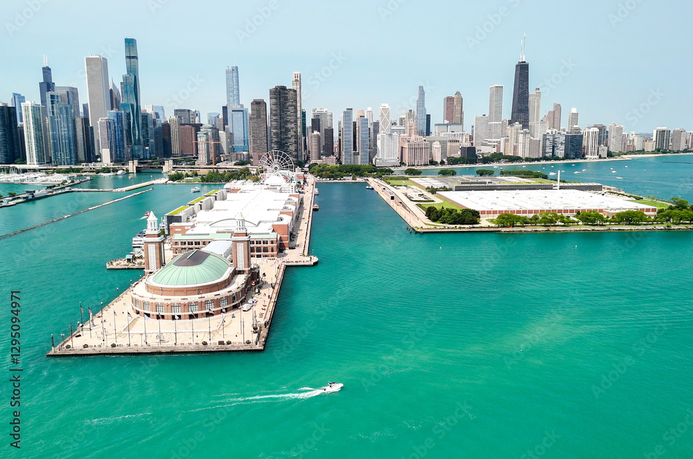 Breathtaking aerial perspective of Chicago skyline and Navy Pier in summer
