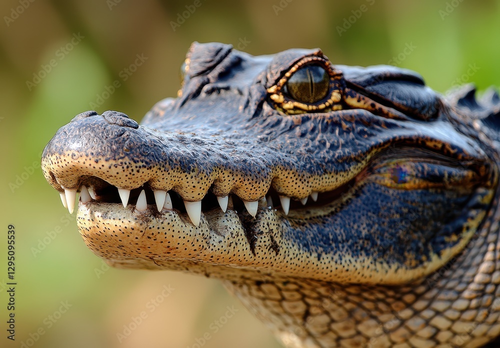 Fototapeta premium Close-Up of a Crocodile's Head Showcasing Sharp Teeth and Detailed Skin Texture in Natural Habitat with Blurred Background
