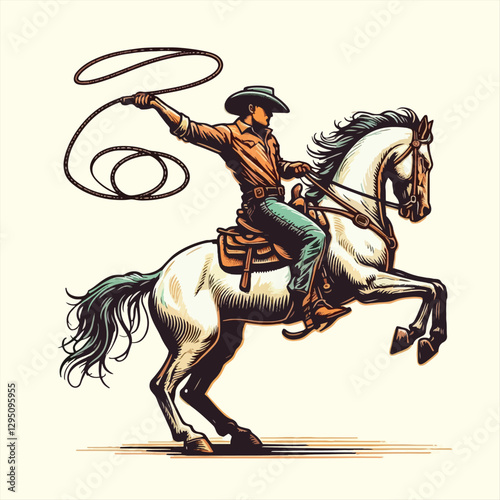 A cowboy on a rearing horse, swinging a lasso