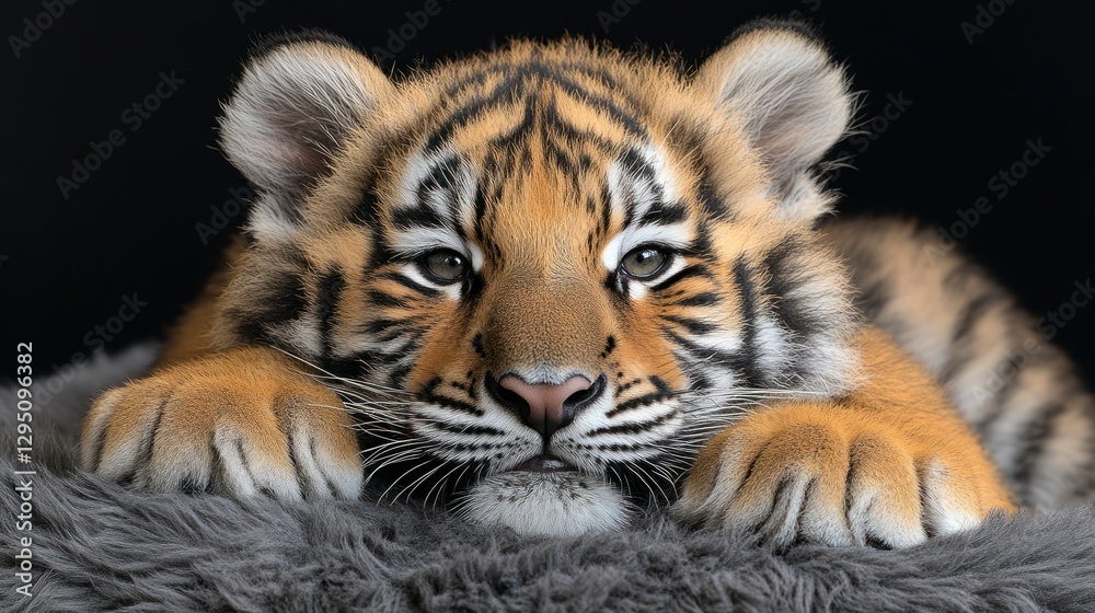 Tiger cub resting paws on gray rug, dark background, studio shot Tiger cub resting paws on gray rug, dark background, studio shot