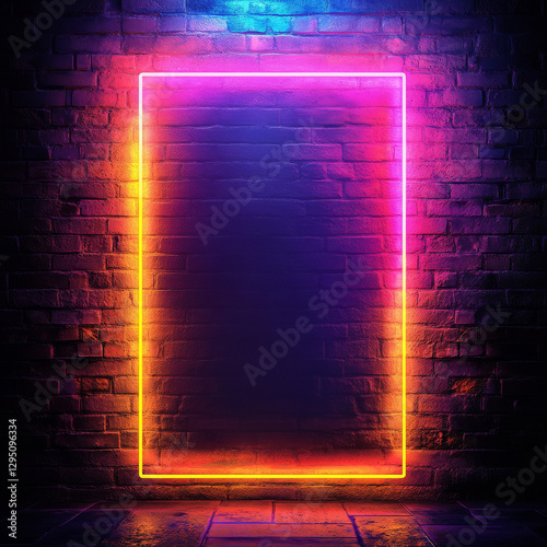 vibrant neon frame against dark brick wall, creating striking visual contrast. glowing colors evoke modern, urban atmosphere, perfect for creative displays