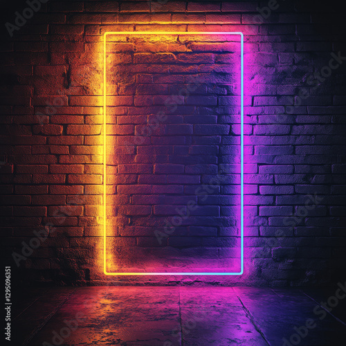 vibrant neon frame glowing in purple and orange against textured brick wall, creating striking visual contrast and inviting atmosphere