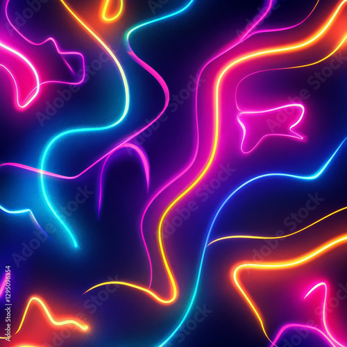 Vibrant neon lines swirl across dark background, creating dynamic and energetic visual. colorful patterns evoke sense of movement and excitement