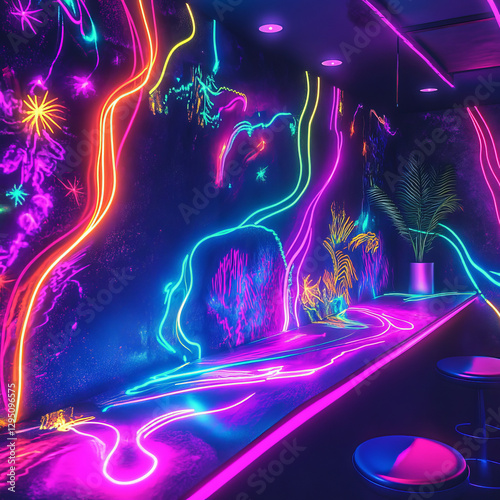 vibrant neon lit interior featuring colorful glowing wall art and sleek bar area, creating lively and energetic atmosphere