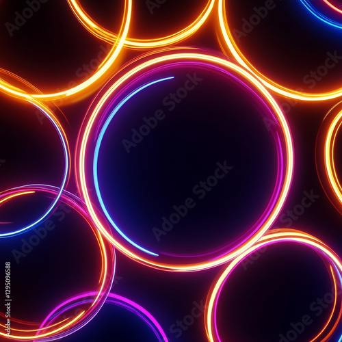 Vibrant neon circles in various colors create dynamic and energetic background. glowing rings in shades of blue, pink, and orange evoke sense of excitement and modernity