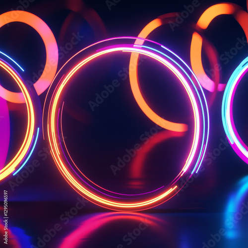Vibrant neon circles in motion create dynamic and colorful background. glowing rings in shades of pink, blue, and orange evoke sense of energy and excitement