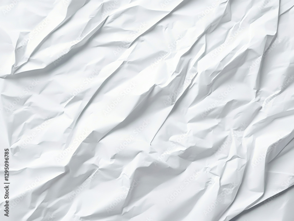 Fototapeta premium Crumpled white paper texture with soft shadows and highlights, creating dynamic visual effect. Ideal for backgrounds or artistic projects