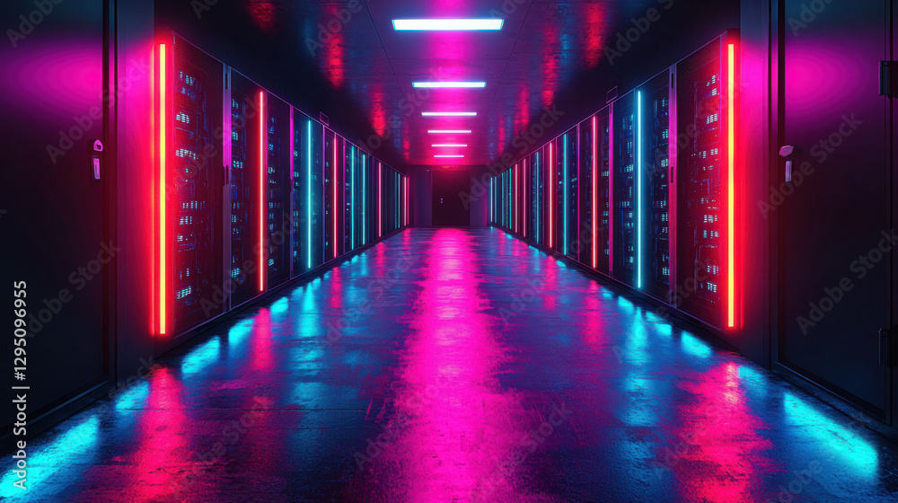 Fototapeta premium Futuristic data server room with glowing neon lights and vibrant colors
