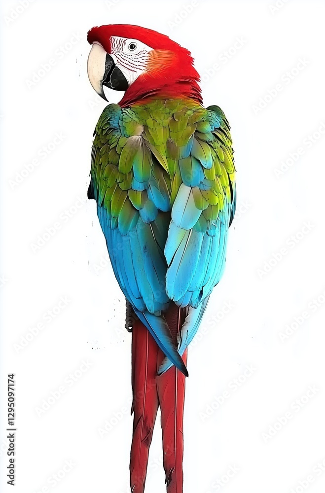 Obraz premium Stunning Macaw Parrot Perched Gracefully Against a White Background with Vibrant Colors 