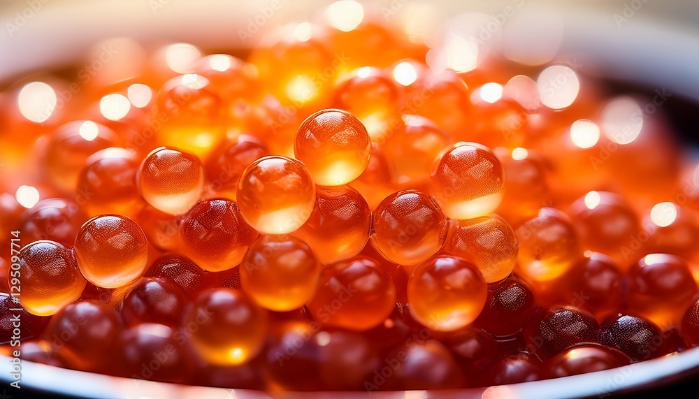 Macro shot of ikura (salmon roe), featuring translucent orange spheres glowing softly in the light, showcasing their delicate texture. Macro shot of ikura (salmon roe), featuring translucent orange spheres glowing softly in the light, showcasing their delicate texture.