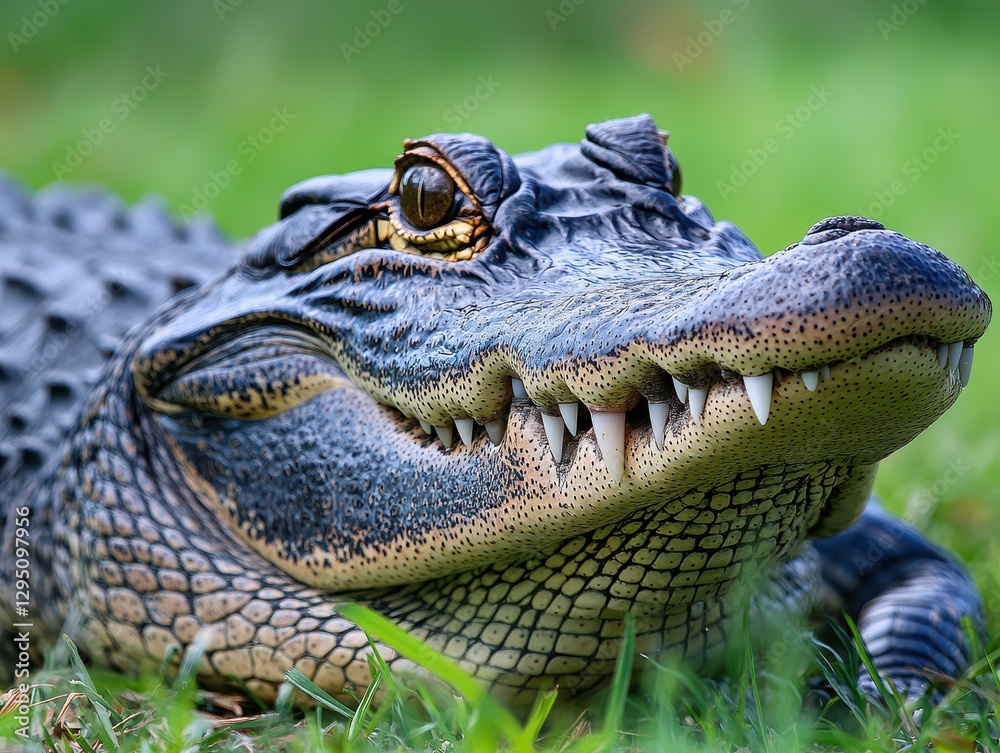 Fototapeta premium Close-Up of a Majestic Crocodile with Intricate Scales and Sharp Teeth Lying on Lush Green Grass in Natural Habitat, Capturing Nature's Beauty and Detail