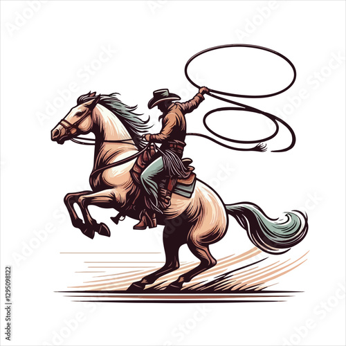 A cowboy on a rearing horse, swinging a lasso
