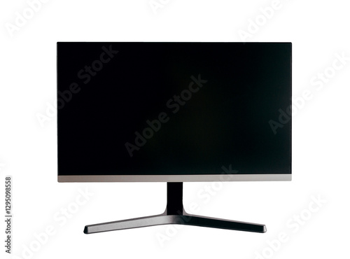 A black computer monitor on a white table. Mock up for design, teplate. Stylish minimalist interior. Gray background.