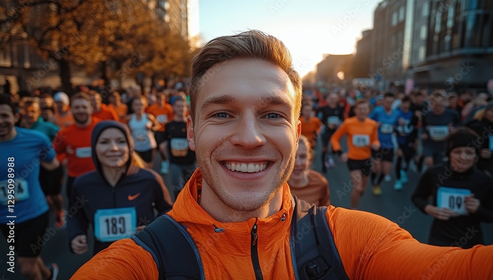 Fototapeta premium Smiling Male Runner Takes Selfie at a City Marathon