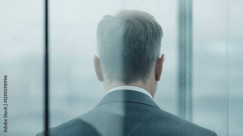 A man in a formal suit gazes thoughtfully out of a window, reflecting on the world beyond with a contemplative expression. A man in a formal suit gazes thoughtfully out of a window, reflecting on the world beyond with a contemplative expression.
