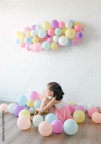 A little happy  girl with colorful balloons on a white background, studio shoot. Celebrations, birthday and playing concept. Top view