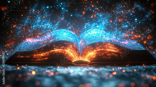 Wallpaper Mural An open book radiating vibrant blue and orange sparks in a mystical, starry environment Torontodigital.ca