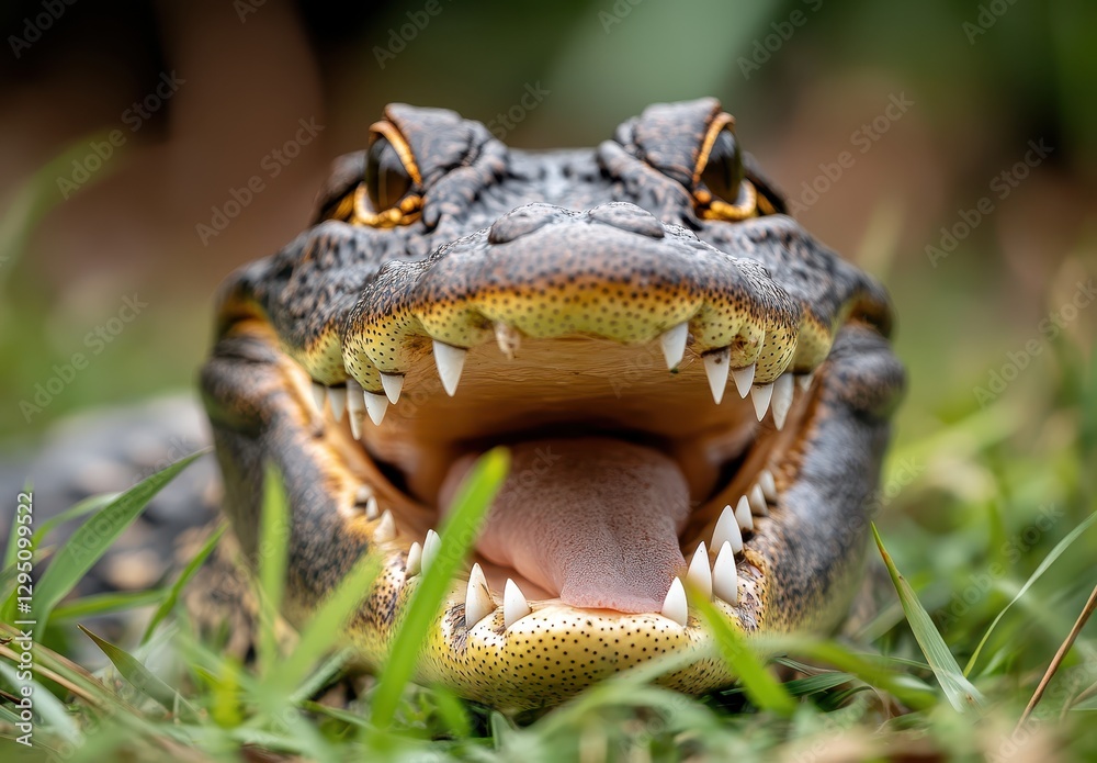 Fototapeta premium Close-Up of a Smiling Alligator Head with Open Mouth Captured in Lush Green Grass Under Natural Light on a Sunny Day