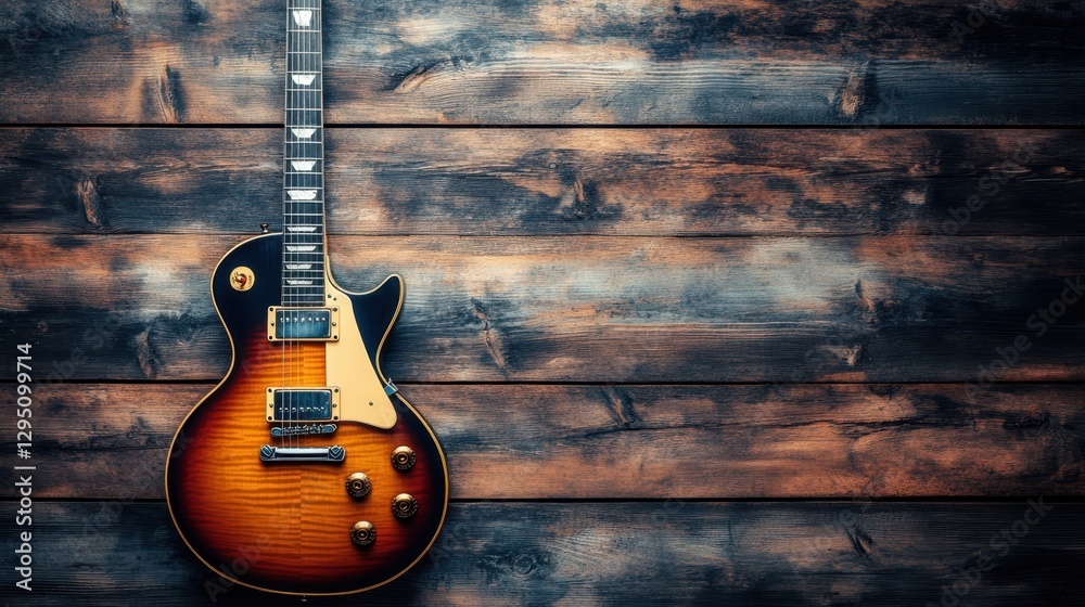Obraz premium A classic guitar rests against a rustic wooden wall, showcasing its elegant design and craftsmanship in a warm, inviting setting.