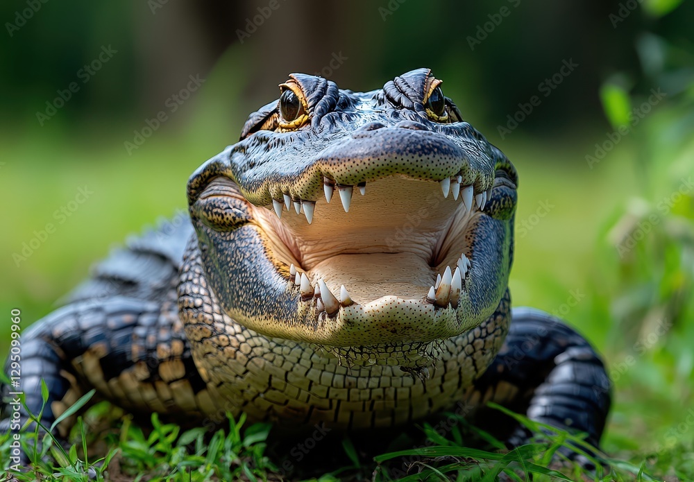 Fototapeta premium Close-Up of a Smiling Alligator with Sharp Teeth on Green Grass in Natural Habitat, Displaying Unique Texture and Vibrant Colors of Reptilian Skin