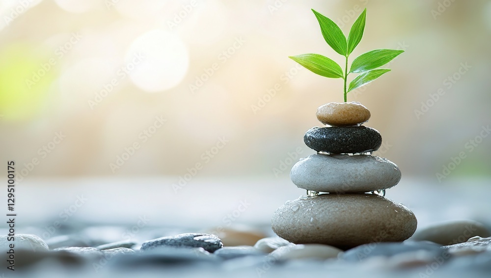Small Plant Sprouting From Stacked Stones Outdoors Small Plant Sprouting From Stacked Stones Outdoors