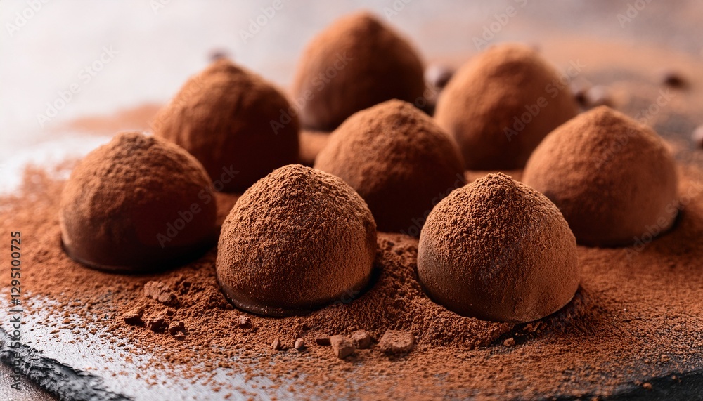 Close-up of chocolate truffles dusted with cocoa powder, showcasing tiny granules and the rich, velvety texture. Close-up of chocolate truffles dusted with cocoa powder, showcasing tiny granules and the rich, velvety texture.