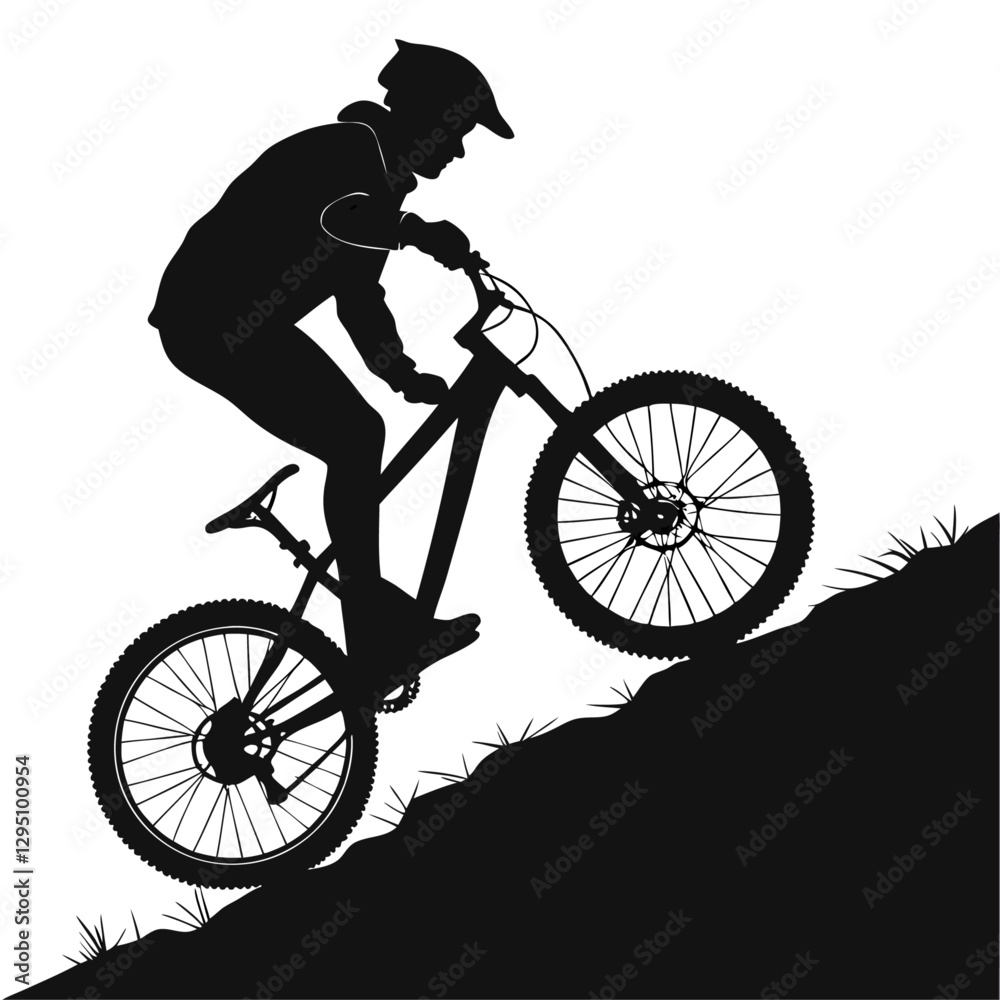Fototapeta premium High-Quality Black and White Silhouette Vector boy cycling on mountains 