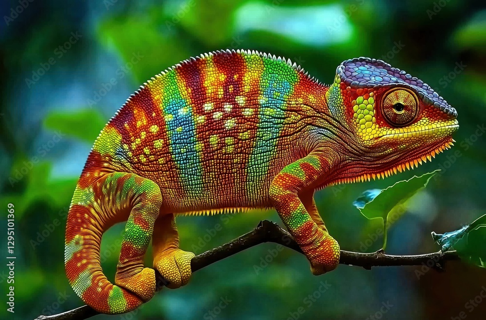 Obraz premium Colorful Chameleon Perched on a Branch Surrounded by Lush Greenery with a Sense of Curiosity