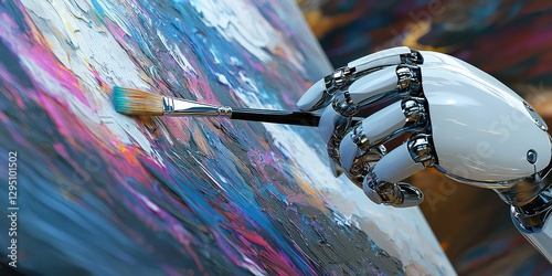 AI robot with a paintbrush in one hand, creating digital art