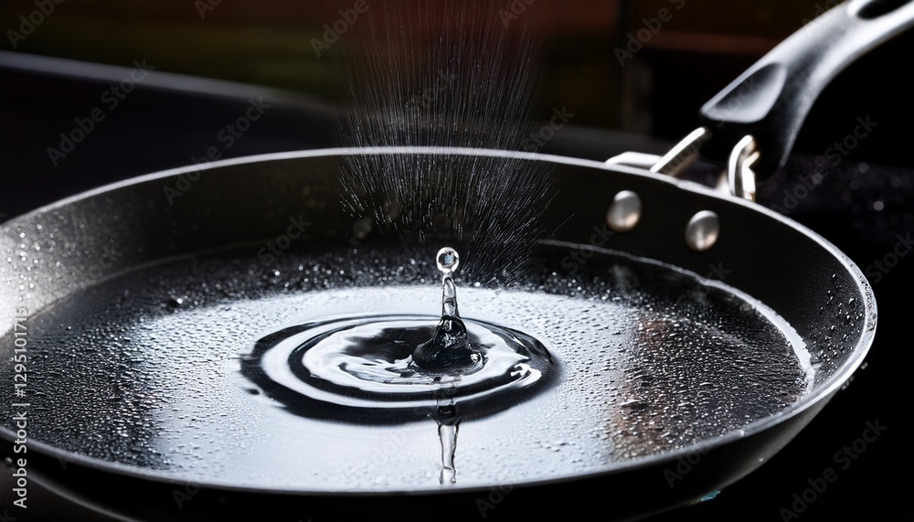 Obraz premium Macro shot of a water droplet bouncing on a hot frying pan. Detailed physics in motion.