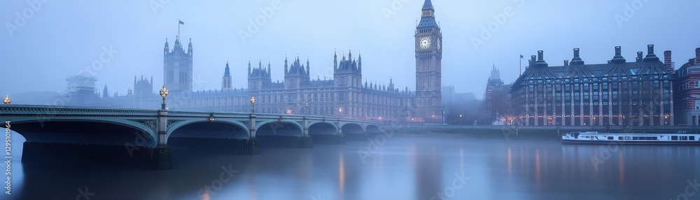 Fototapeta premium Aerial view of a stunning bridge arching over a serene river, with a charming clock tower rising behind.