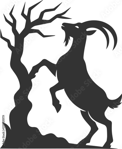 Goat standing on hind legs, reaching for a tree branch animal vector silhouette