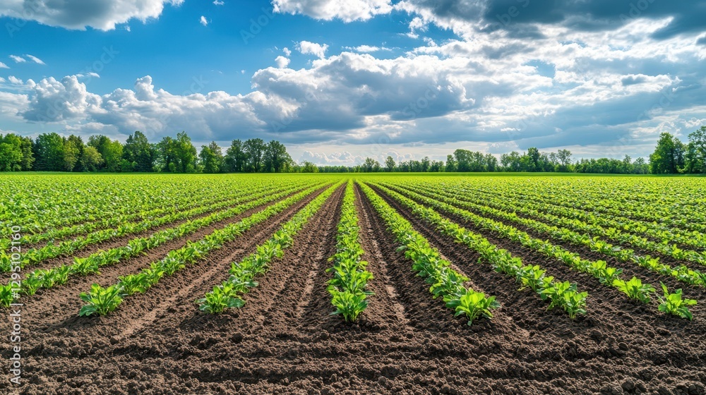 Lush green crops stretch across an open field under a bright blue sky, showcasing the beauty of agriculture and nature's harmony. Lush green crops stretch across an open field under a bright blue sky, showcasing the beauty of agriculture and nature's harmony.