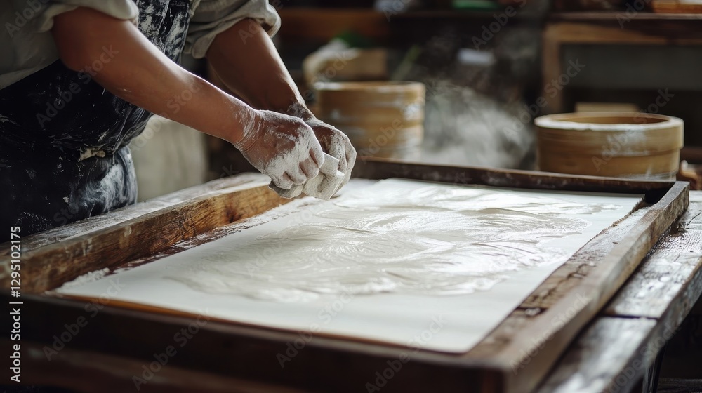 Obraz premium A person is creating paper with their hands at a workshop