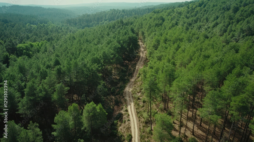 Obraz premium Aerial view of a winding dirt road meandering through a lush green forest, showcasing nature's beauty and tranquility.