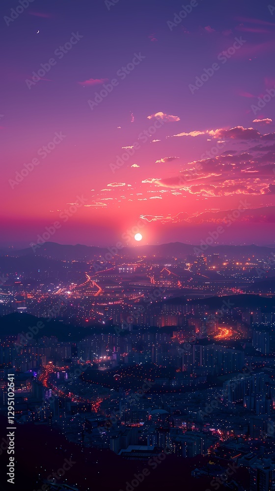Purple city sunset illustration poster background Purple city sunset illustration poster background