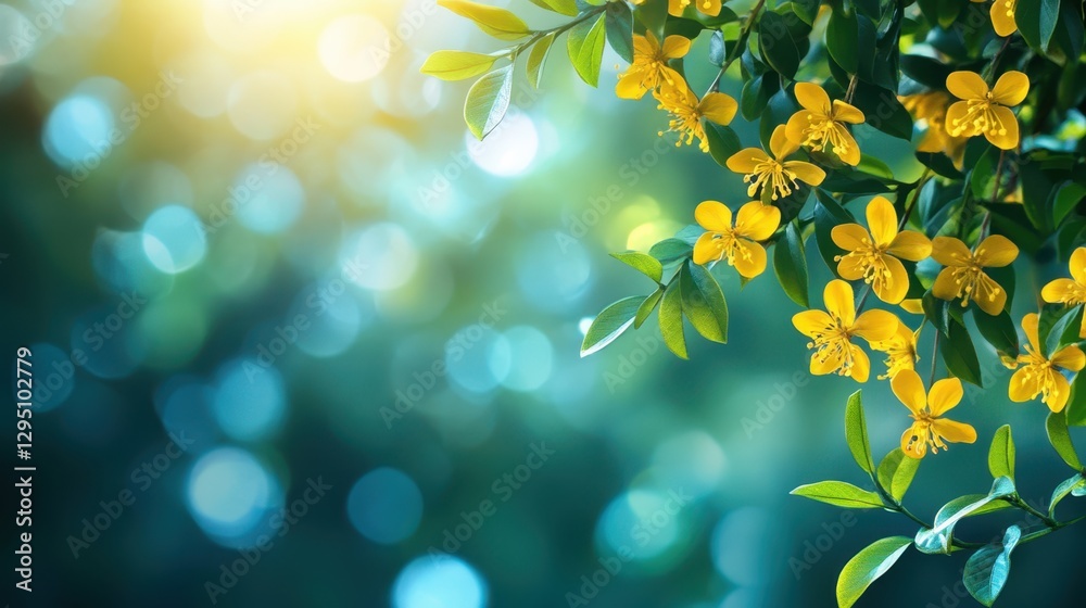 Obraz premium A vibrant yellow flower blooms on a tree branch, showcasing nature's beauty and the intricate details of its petals and leaves.